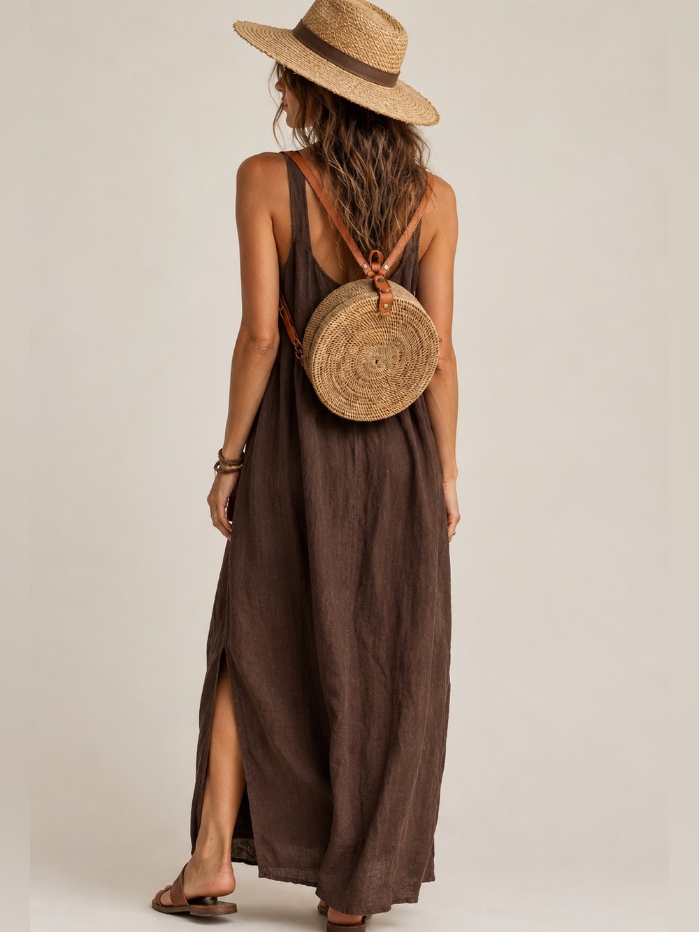 Handmade Rattan Leather Backpack Snap Top Boho Woven Beach Summer Travel Brown